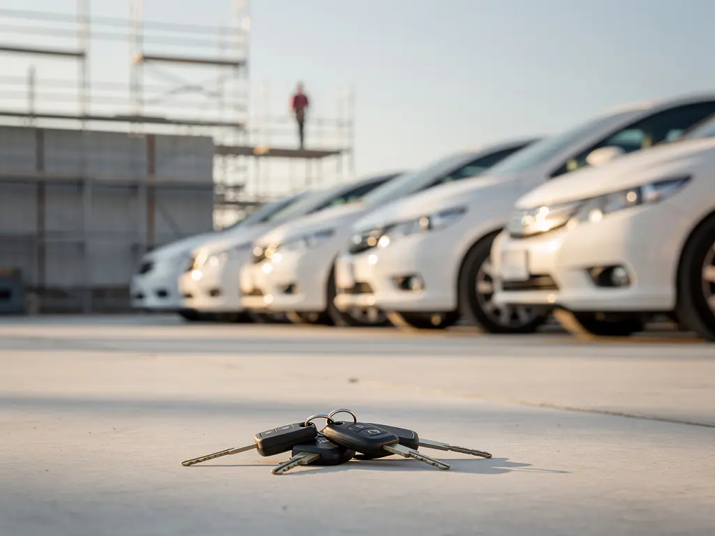 Witte bestelwagens in diagonale rij geparkeerd op industrieel bouwterrein, sleutels op betonnen ondergrond, steigers op achtergrond.