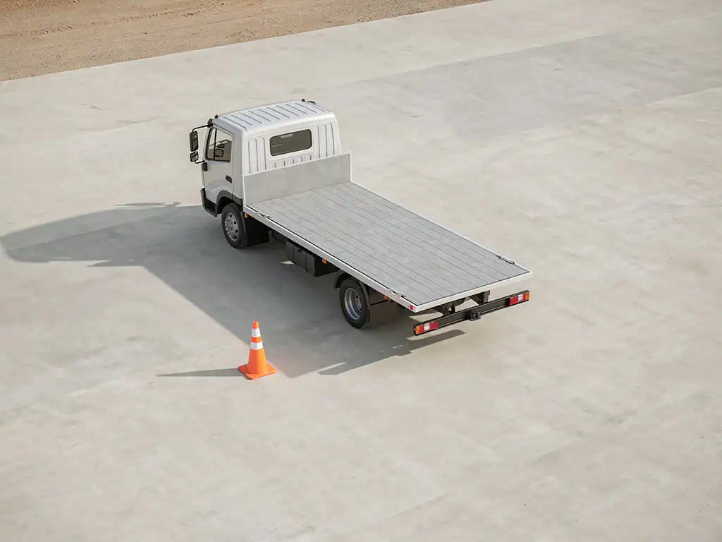 Flatbedtruck geparkeerd op leeg bouwterrein met oranje verkeerskegel ervoor, geometrische schaduwen op betonnen ondergrond.