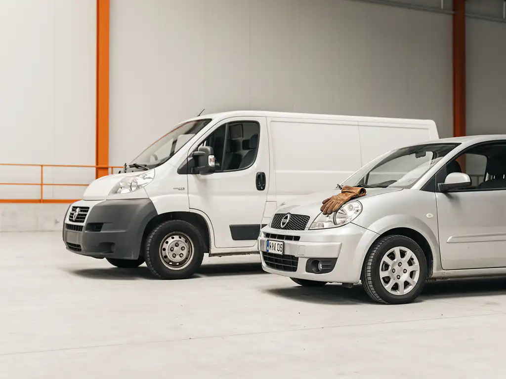 Witte bestelbus en compacte auto geparkeerd op beton, met een versleten leren werkhandschoen op de motorkap.
