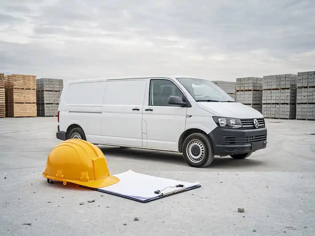 Witte bestelbus op bouwplaats met bouwmaterialen, helm en klembord op de motorkap, bewolkte lucht op de achtergrond.