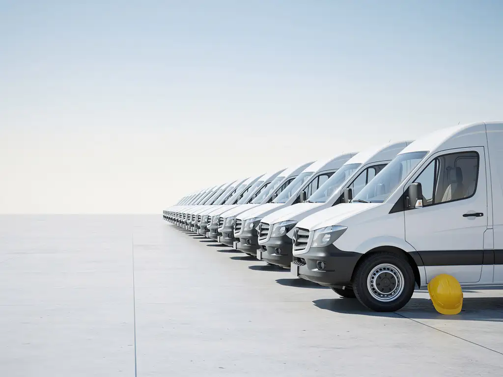 Rij witte bedrijfsbussen op betonnen ondergrond met gele bouwhelm naast het voorste voertuig.