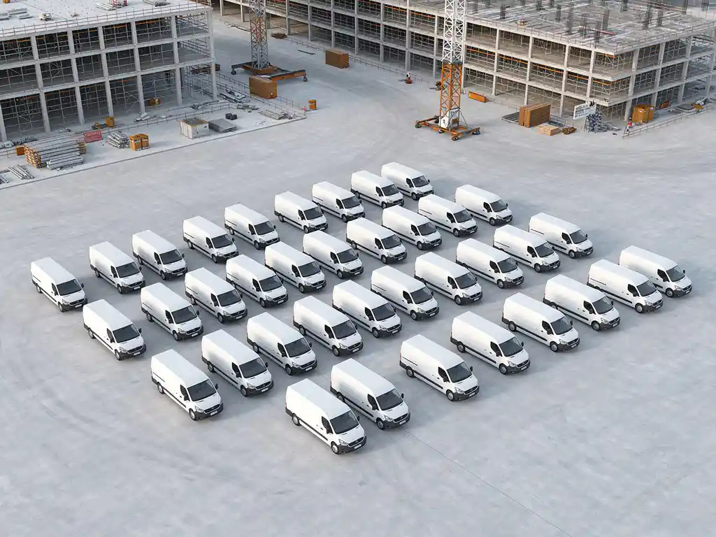 Witte bestelwagens in geometrische opstelling op bouwterrein, luchtfoto met actieve bouwframes op de achtergrond.