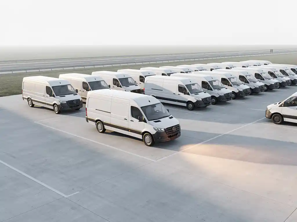 Witte bestelwagens opgesteld in een logistiek depot, één voertuig rijdt weg richting open weg in zacht daglicht.