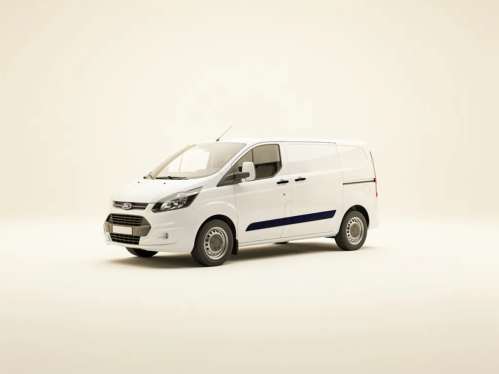 Witte cargo van schuin geparkeerd op een egale ondergrond met zachte schaduw en marineblauwe accenten.