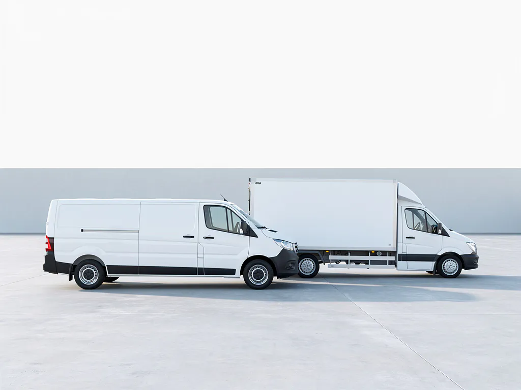 Witte bestelbus en tail-lift bestelwagen geparkeerd op betonnen ondergrond in gelijkmatig daglicht.