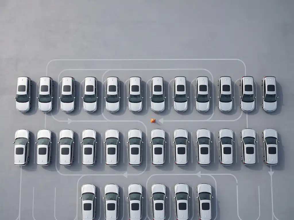 Witte minibussen in geometrische opstelling op grijs parkeerterrein, gefotografeerd van bovenaf in rustig ochtendlicht.