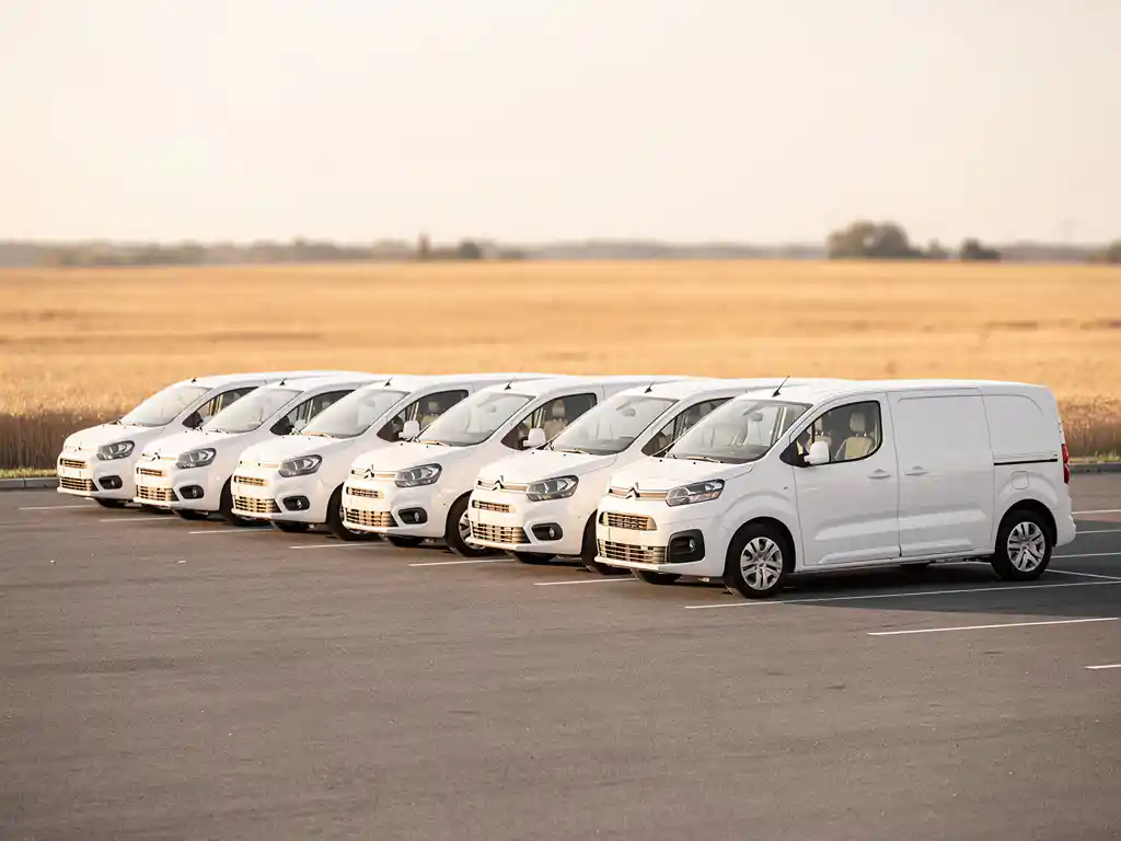 Witte bestelwagens en transportvans op een rij geparkeerd op een open terrein, één voertuig rijdt weg, gouden velden op de achtergrond.