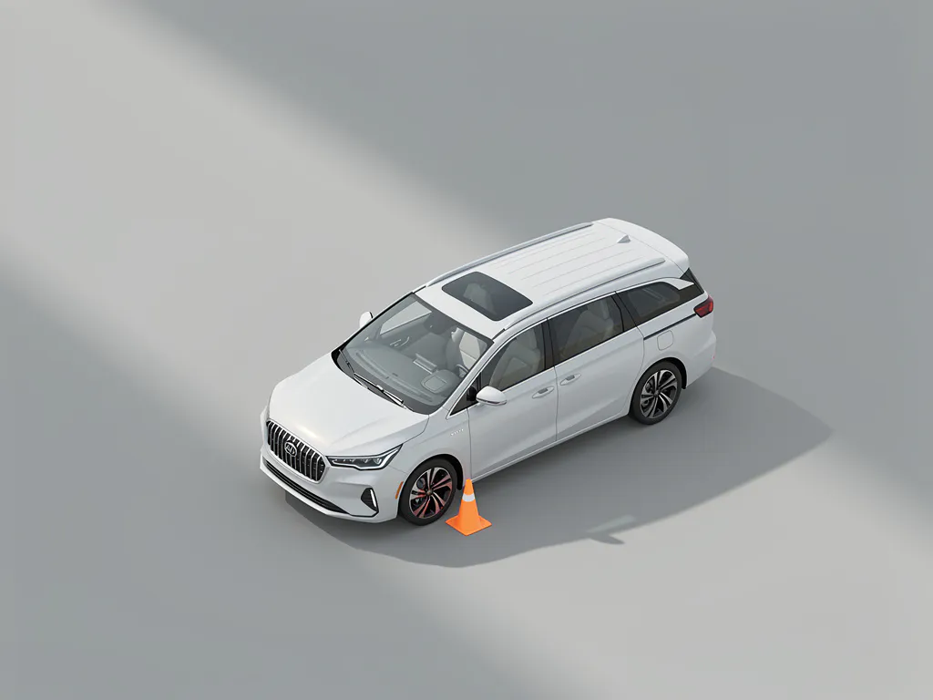 Witte minivan geparkeerd op grijze ondergrond met oranje veiligheidskegel naast het voorwiel, studioverlichting van bovenaf.