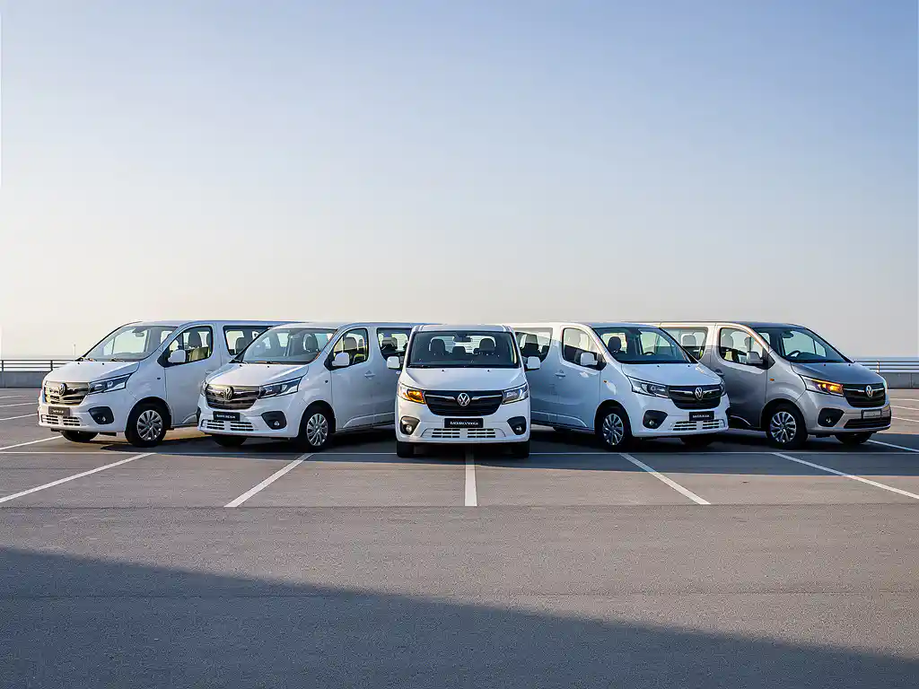 Rij witte passagiersbusjes geparkeerd in een ordelijk lot, gefotografeerd in zacht ochtendlicht met lange schaduwen.