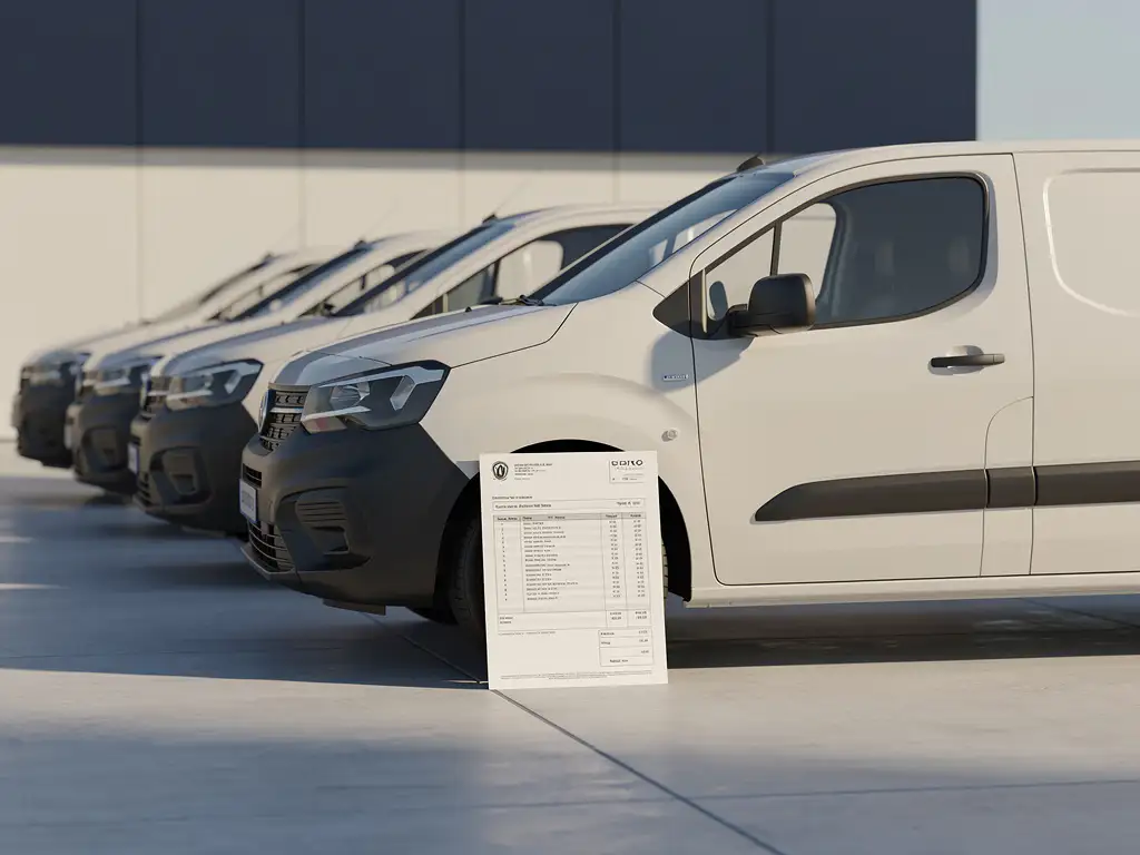 Commerciële bestelwagens geparkeerd bij een modern depot met een factuur tegen een voorwiel, in marineblauw en gebroken wit.