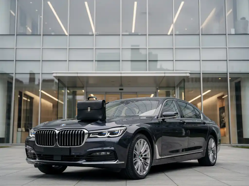 Donkere executive sedan voor glazen kantoorgebouw met leren aktetas op de motorkap, strakke minimalistische compositie.