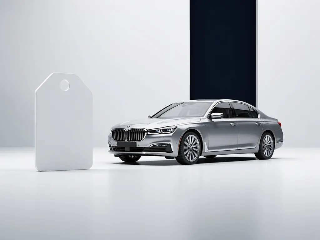 Zilveren zakelijke sedan geparkeerd naast een prijskaartje in een minimalistische setting met zachte wit- en grijstinten.