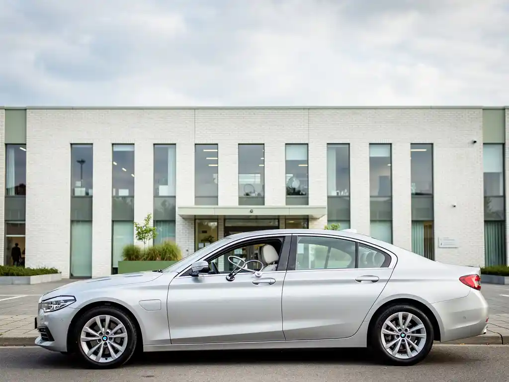 Zilveren sedan geparkeerd bij ingang van moderne Nederlandse zorgkliniek, stethoscoop zichtbaar op passagiersstoel.