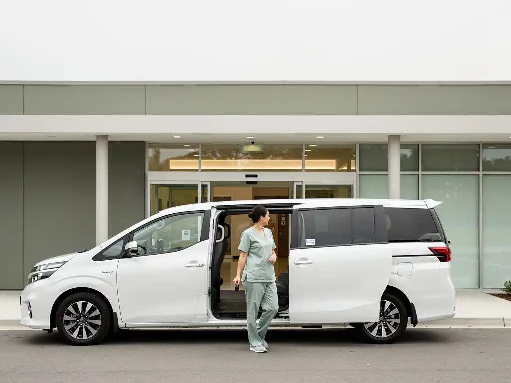 Zorgmedewerker in lichte scrubs loopt met autosleutels naar een witte minibus voor een moderne zorginstelling.