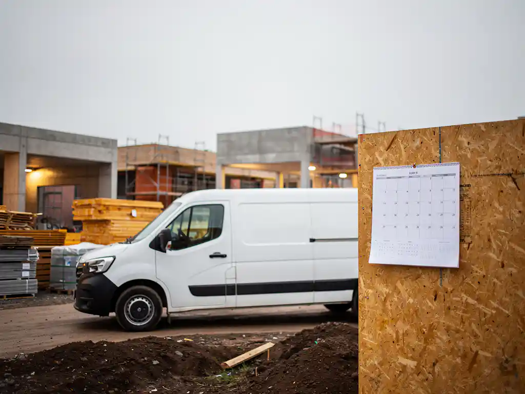 Witte bestelbus geparkeerd naast een actieve bouwplaats met een kalender op een houten bord onder bewolkte lucht.