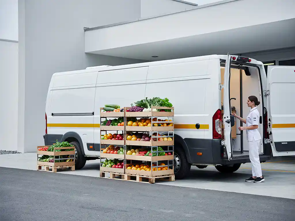 Gecertificeerde cateringprofessional opent gekoelde bestelwagen bij laaddok met gestapelde voedselbakken.
