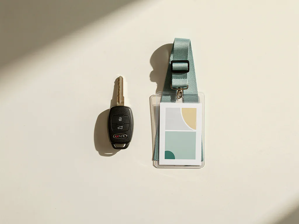 Huurauto sleutel op gevouwen lanyard met ID-badge van zorgmedewerker, minimalistisch bovenaanzicht op witte ondergrond.