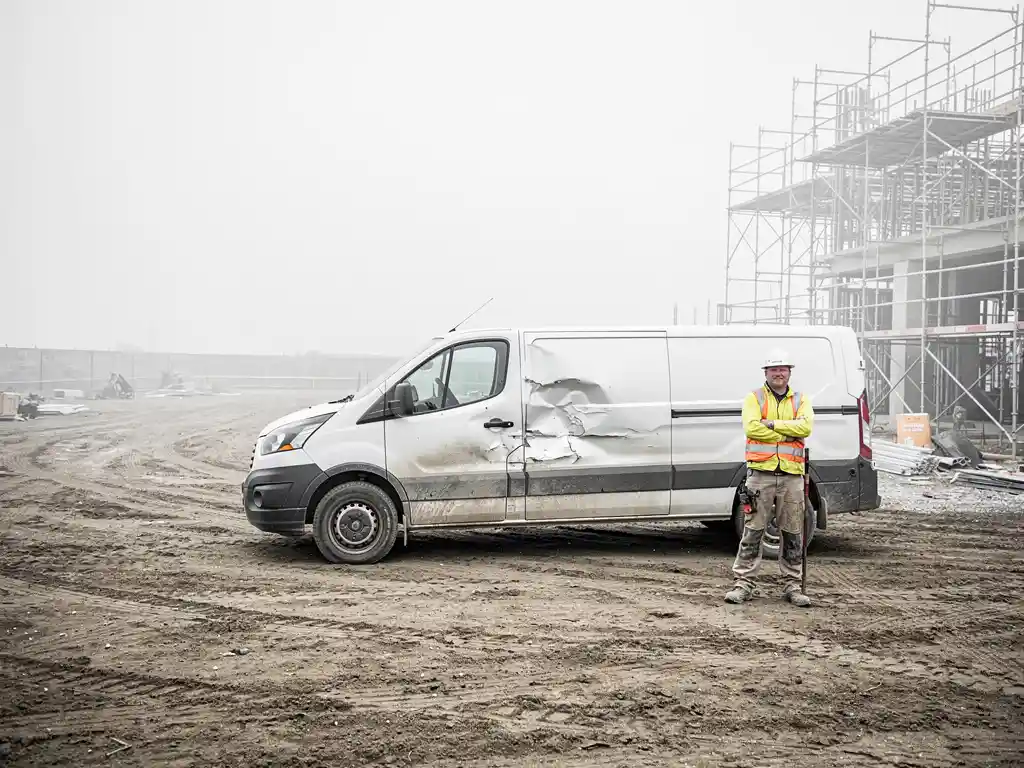 Beschadigde huurauto met deuk op zijpaneel op bouwplaats, subcontractant in werkkleding staat erbij met gekruiste armen.
