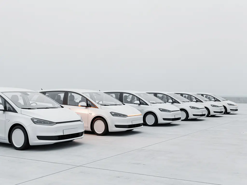 Rij witte minibussen op betonnen parkeerterrein, één voertuig rijdt vooruit terwijl een ander terugschuift, minimalistische compositie.
