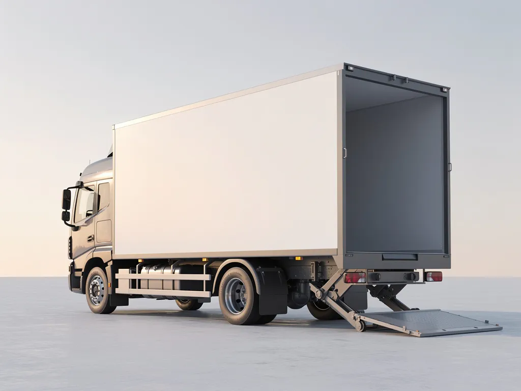 Grote vrachtwagen met hydraulisch laadklep op betonnen ondergrond, gefotografeerd vanuit laag driekwart perspectief in diffuus daglicht.