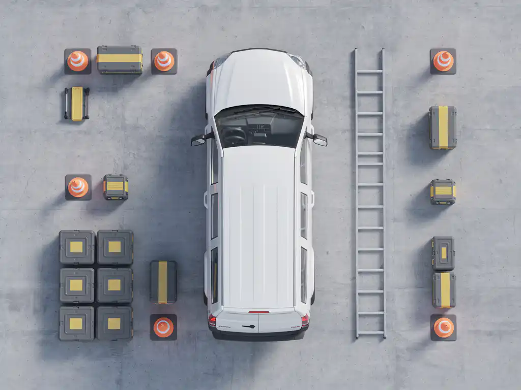Witte bestelwagen met ladder, gereedschapskisten en veiligheidskegels in overhead flat-lay compositie op betonnen ondergrond.