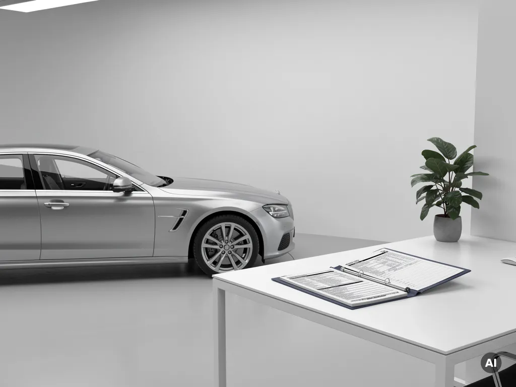 Moderne grijze sedan naast een wit bureau met open belastingdocumenten en een kleine kamerplant, professionele sfeer.