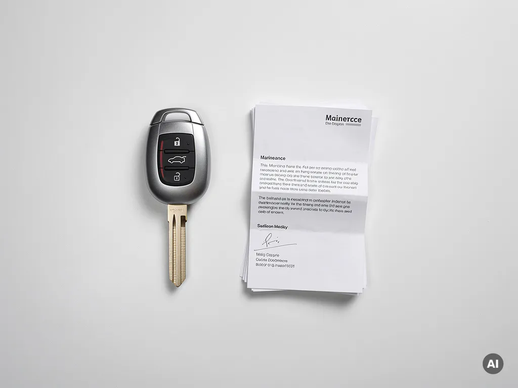 Zilveren autosleutel naast een stapel onderhoudsdocumenten op wit oppervlak, strak bovenaanzicht met zachte schaduwen.