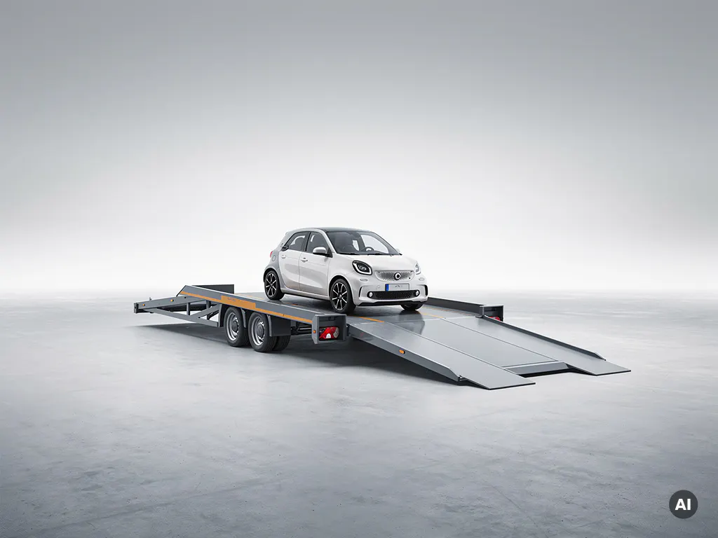Flatbed autotransporter met gekantelde oprijplaat en één beladen compacte auto op een lege grijze ondergrond.