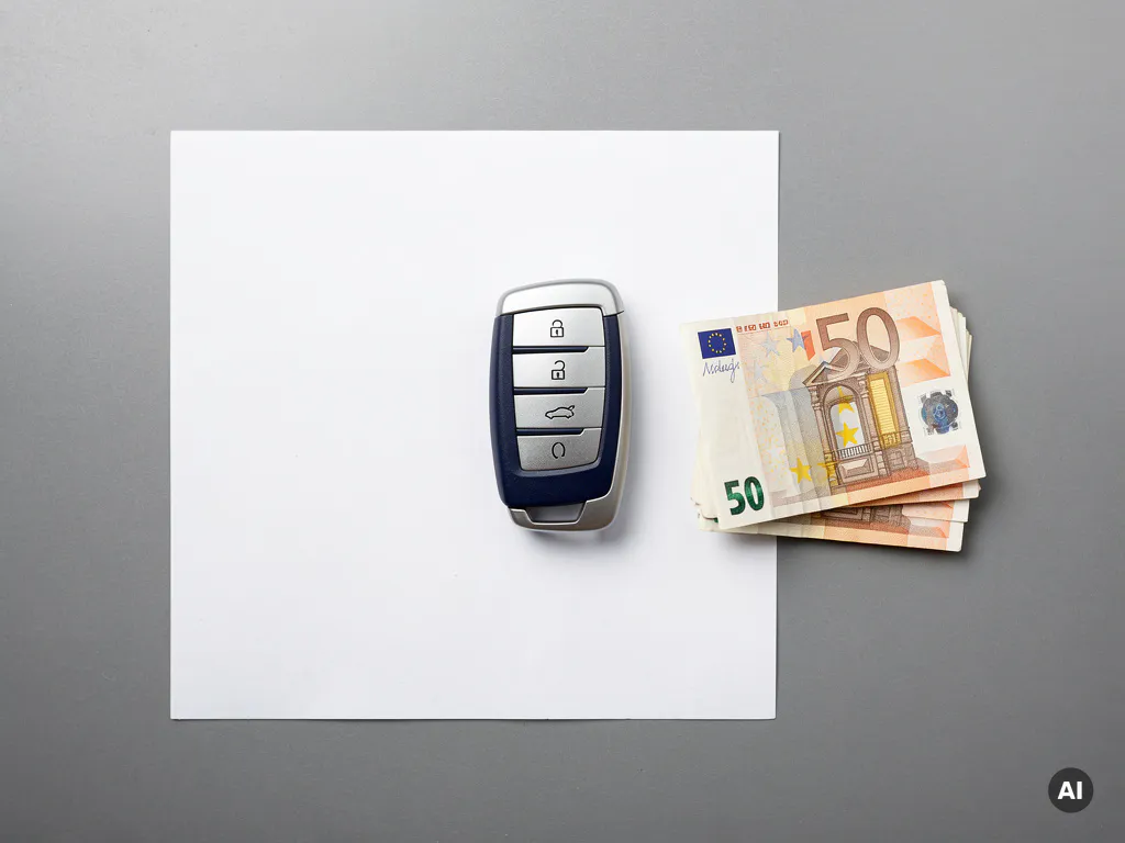 Autosleutel van een huurauto op een witte factuur naast eurobiljetten op een grijs bureau, strak bovenaanzicht.