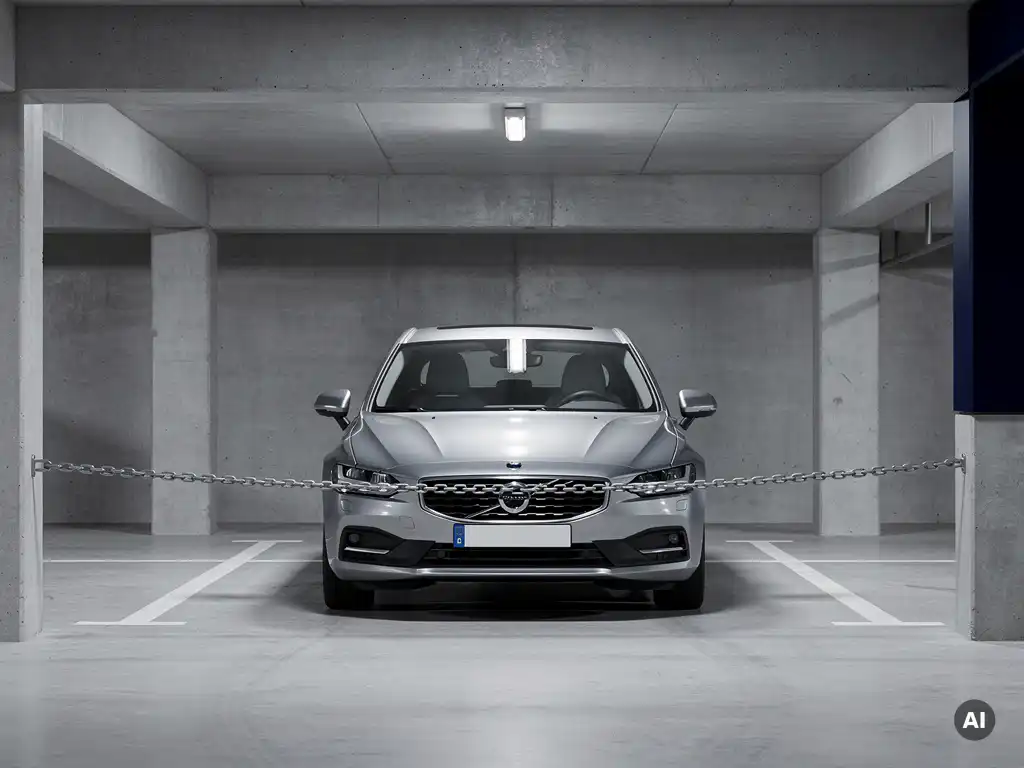 Leaseauto geparkeerd in betonnen parkeergarage met ketting over de voorbumper als toegangsbeperking.
