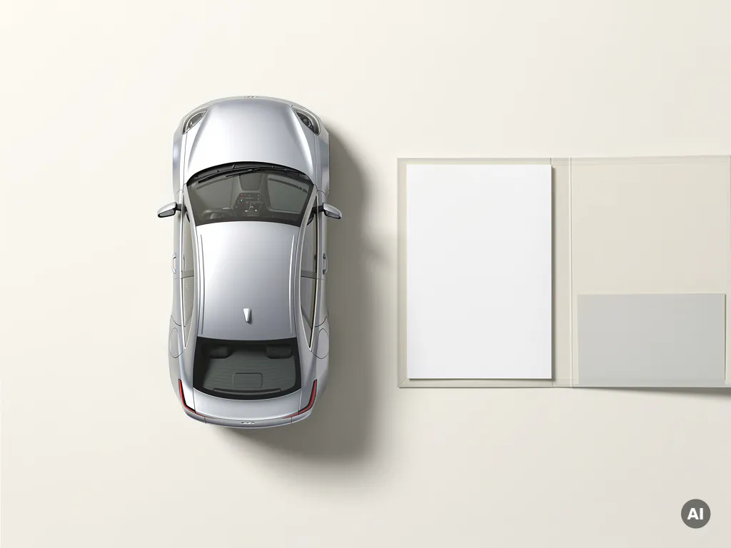 Zilveren leaseauto naast een open map met document, bovenaanzicht op witte achtergrond, strak en professioneel.