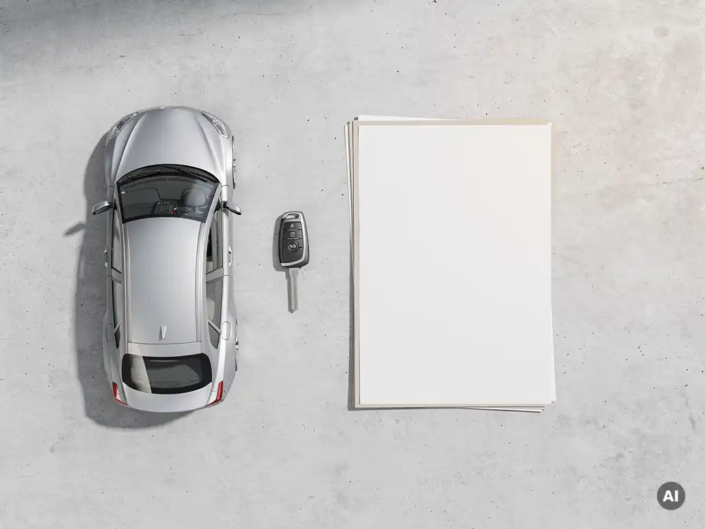 Zilveren leaseauto naast een contract en autosleutel op betonnen ondergrond, strak bovenaanzicht in minimalistische stijl.