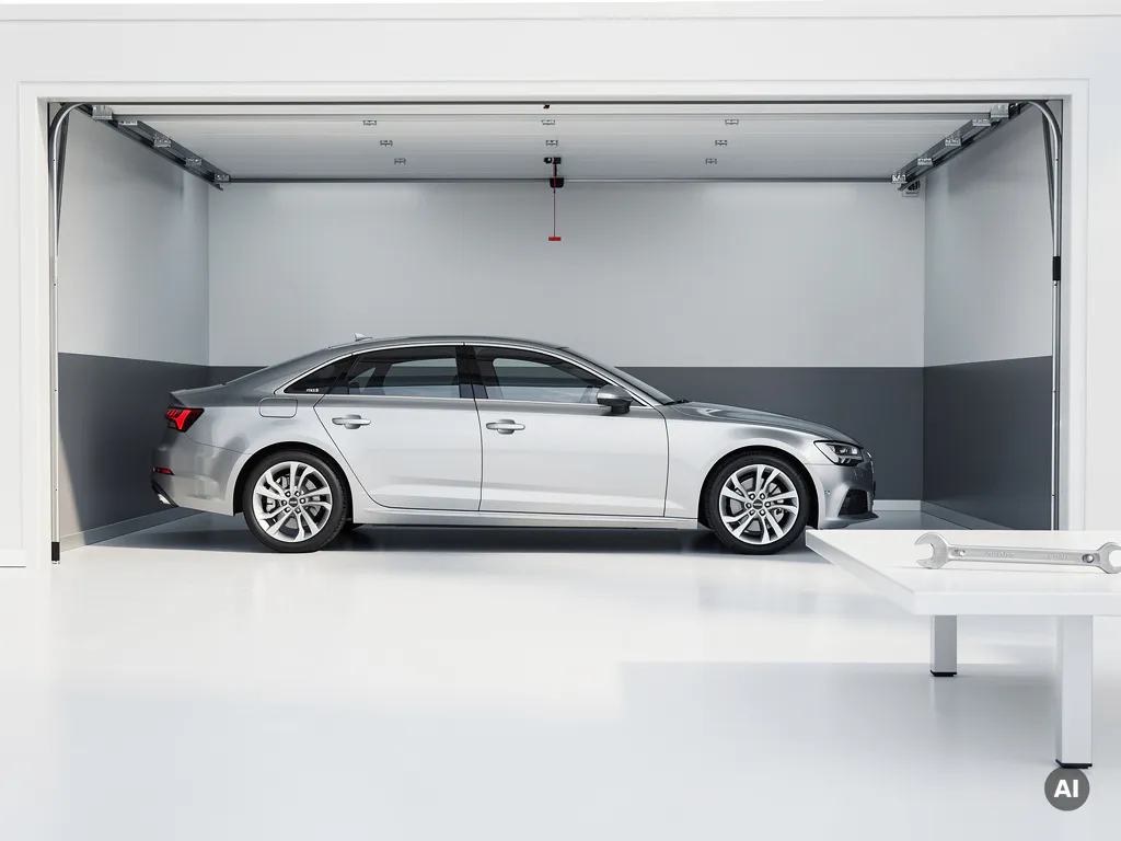 Zilveren sedan in een strakke, minimalistische garage met een moersleutel op een wit oppervlak.