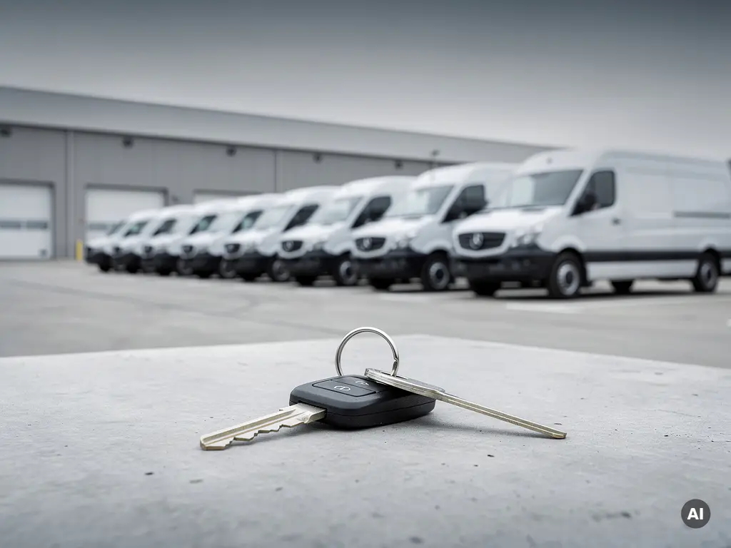 Witte bestelwagens in rij geparkeerd bij modern depot, met autosleutels op betonnen ondergrond op de voorgrond.