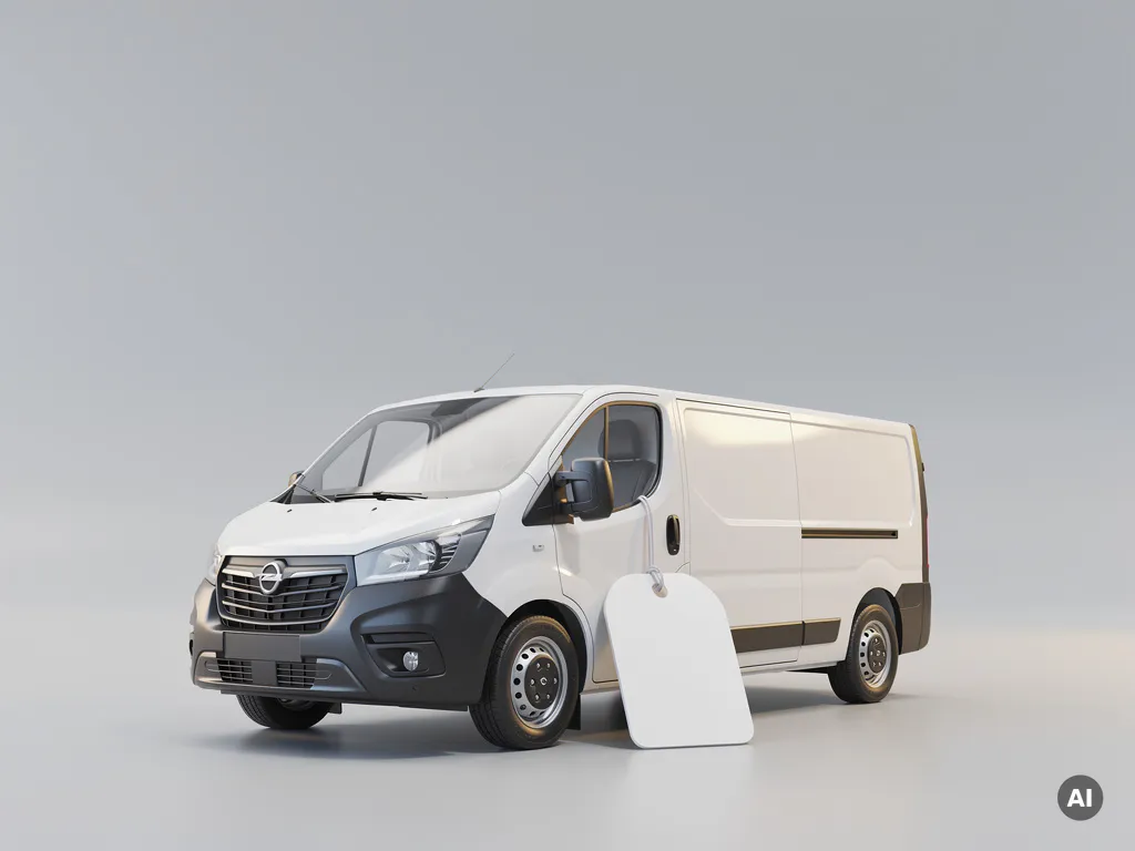 Witte bezorgbus geparkeerd op laag voorhoekperspectief met prijskaartje tegen de voorband, minimalistische compositie in grijstinten.