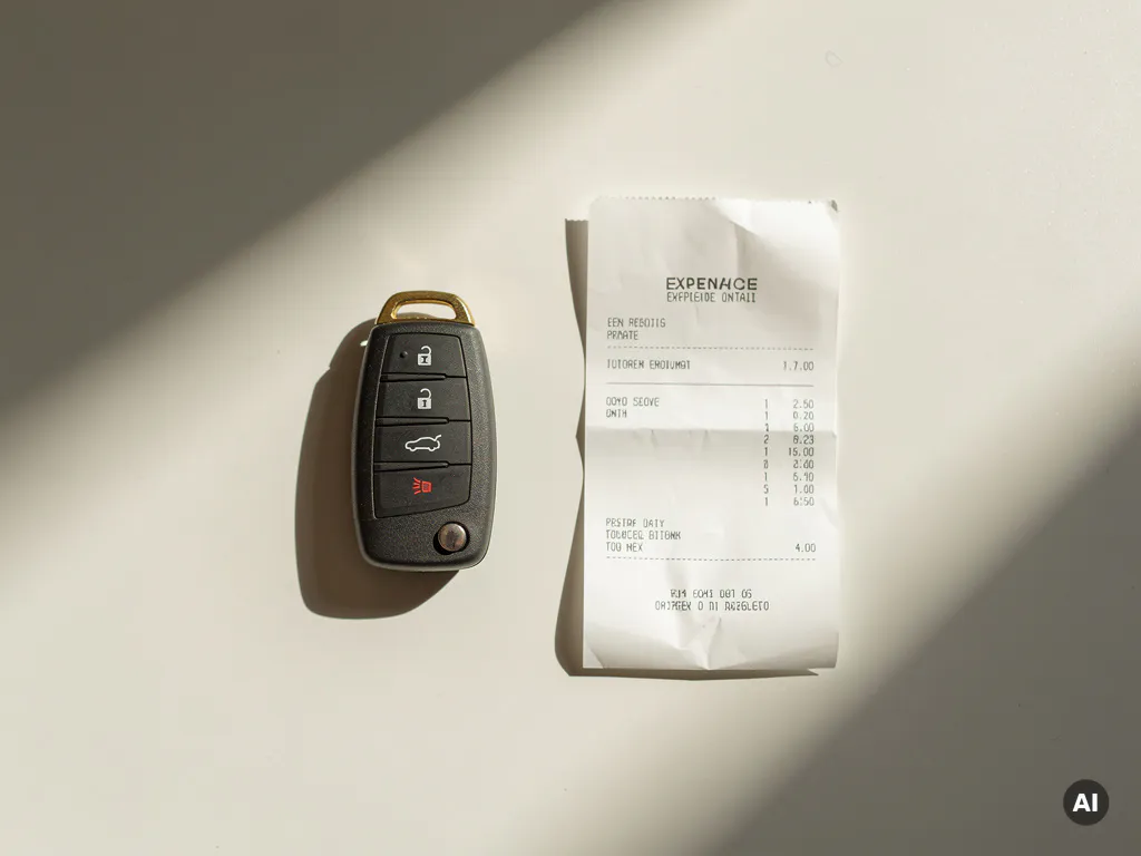Autosleutel en opgevouwen onkostenbonnetje op een grijs kantoorbureau, minimalistisch bovenaanzicht.