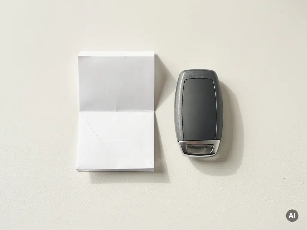 Gevouwen kassabon en autosleutel op een wit bureau in een minimalistische flatlay compositie.