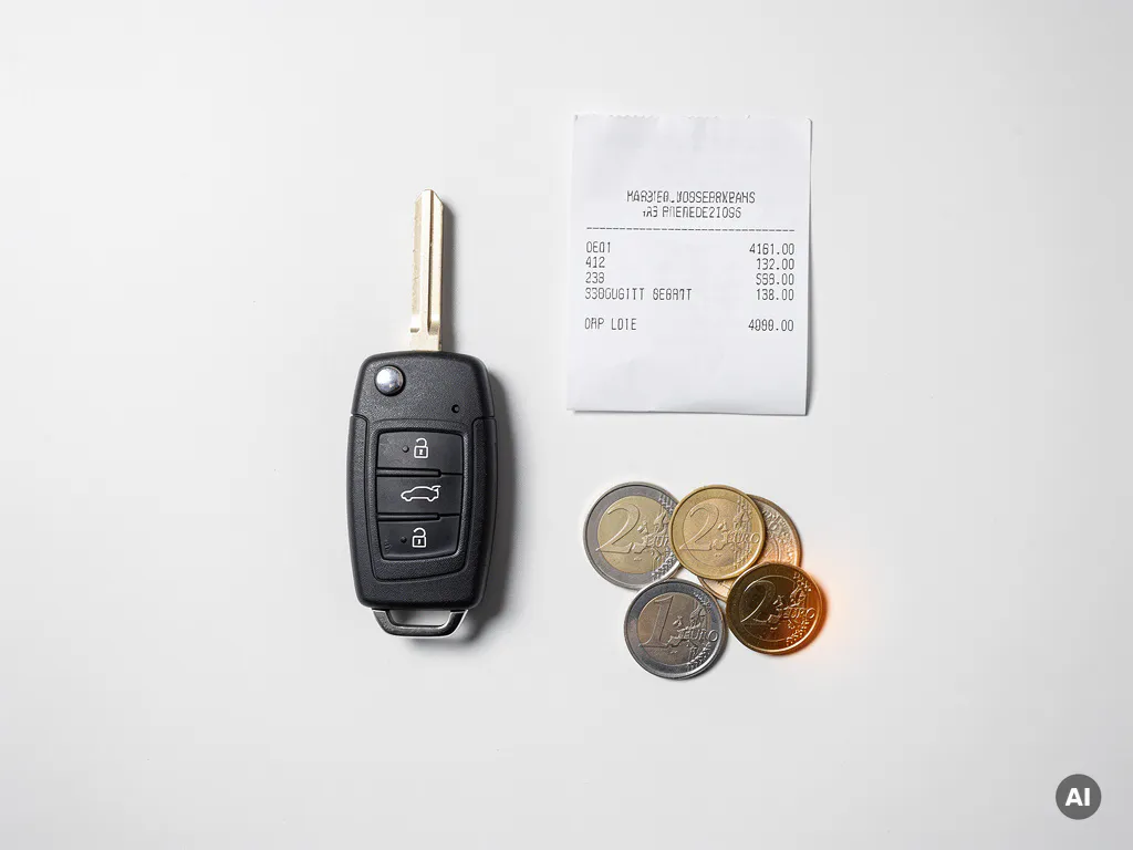 BedrijfsautoSleutel op wit bureau naast gevouwen bon en stapel euromunten, zakelijke flatlay.