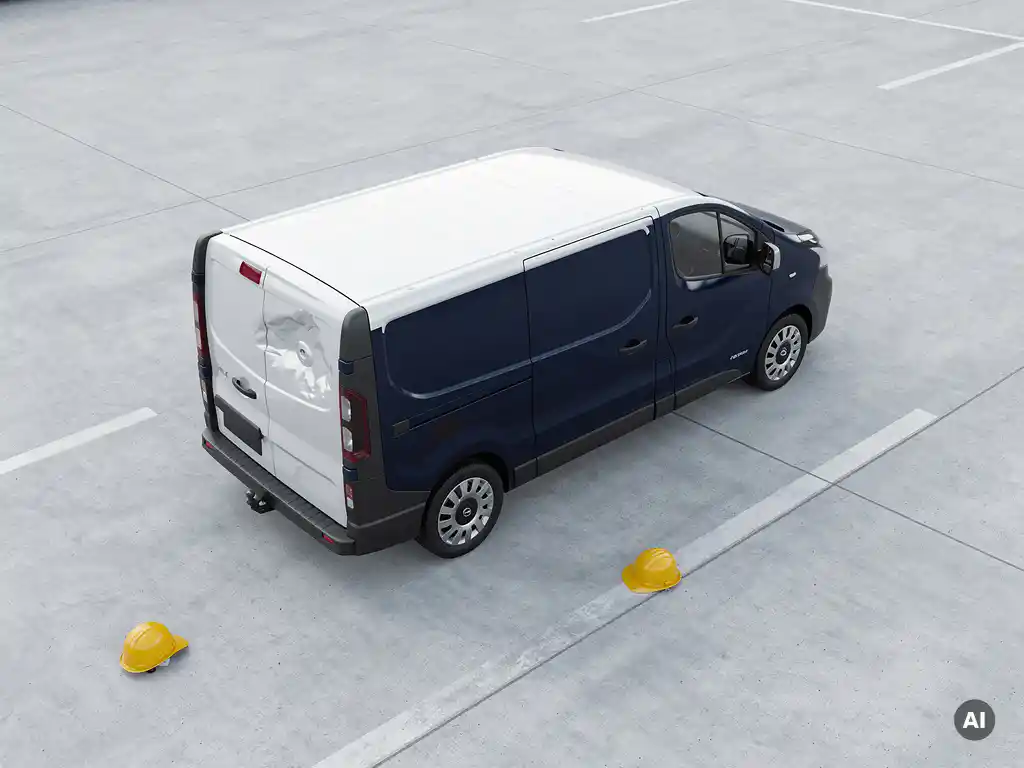 Gehuurde bestelbus met deuk op achterpaneel geparkeerd op betonnen terrein, gele bouwhelm op de grond.