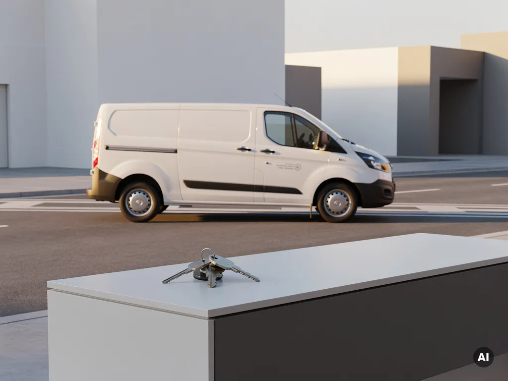 Witte bestelwagen geparkeerd op een stedelijke straat, met sleutels op een receptiebalie op de voorgrond in zacht ochtendlicht.