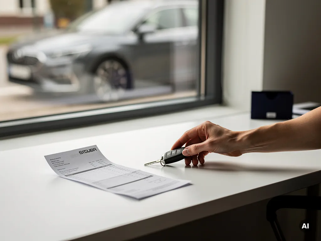 Freelancer legt autosleutel naast gevouwen factuur op wit bureau, huurauto zichtbaar door raam op de achtergrond.