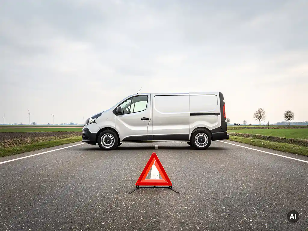 Gestrande bestelbus op lege weg met gevarendriehoek ervoor, vlak Nederlands polderlandschap op de achtergrond.