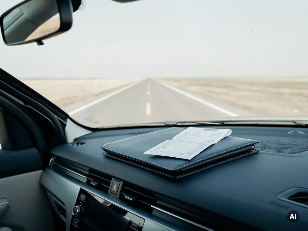 Huurauto geparkeerd langs een open weg, met een leren portfolio en brandstofbon op het dashboard in marineblauw en leisteengrijs.