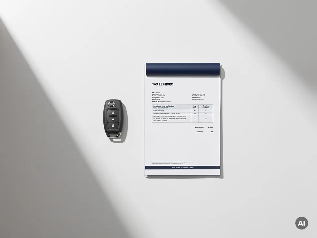 Autosleutel van een huurauto naast een belastingdocumentmap op een wit bureau, bovenaanzicht in natuurlijk licht.