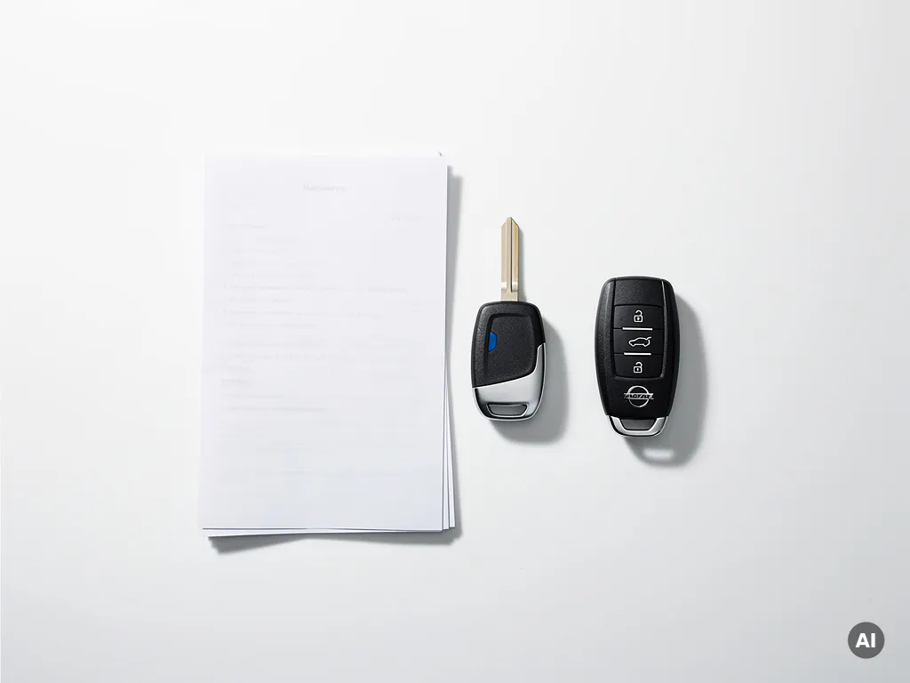 Huurauto sleutelhanger met onderhoudsdocumenten en reservesleutel op wit oppervlak, minimalistische plattegrondopname.
