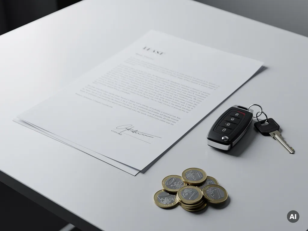 Ondertekend leasecontract op wit bureau naast autosleutels en een stapeltje euromunten.