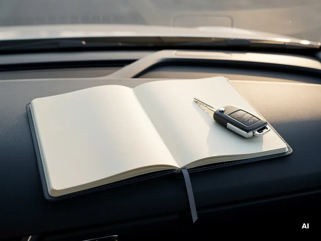 Opengeslagen leren kilometerregistratieboek op een autodashboard met een huurauto-sleutel, in zacht ochtendlicht.