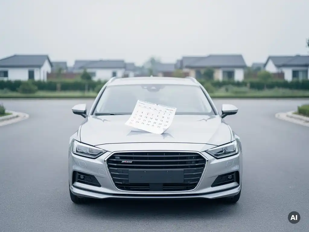 Zilveren sedan geparkeerd op een open weg met een loswaaiend kalenderblad op de motorkap, rustige bewolkte lucht op de achtergrond.