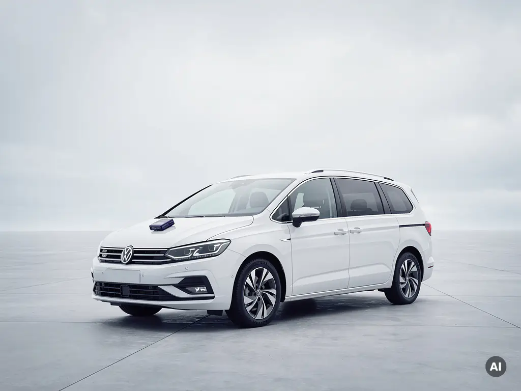 Witte minivan op lage camerahoek geparkeerd op open vlakte, met sleutelhanger op motorkap en zachte grijze lucht.