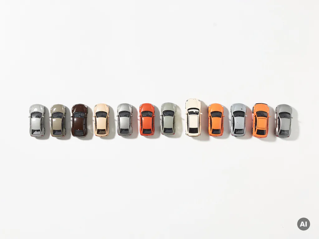Rij miniatuur speelgoedauto's op wit oppervlak, twee auto's gescheiden van de groep als metafoor voor flexibel schalen.